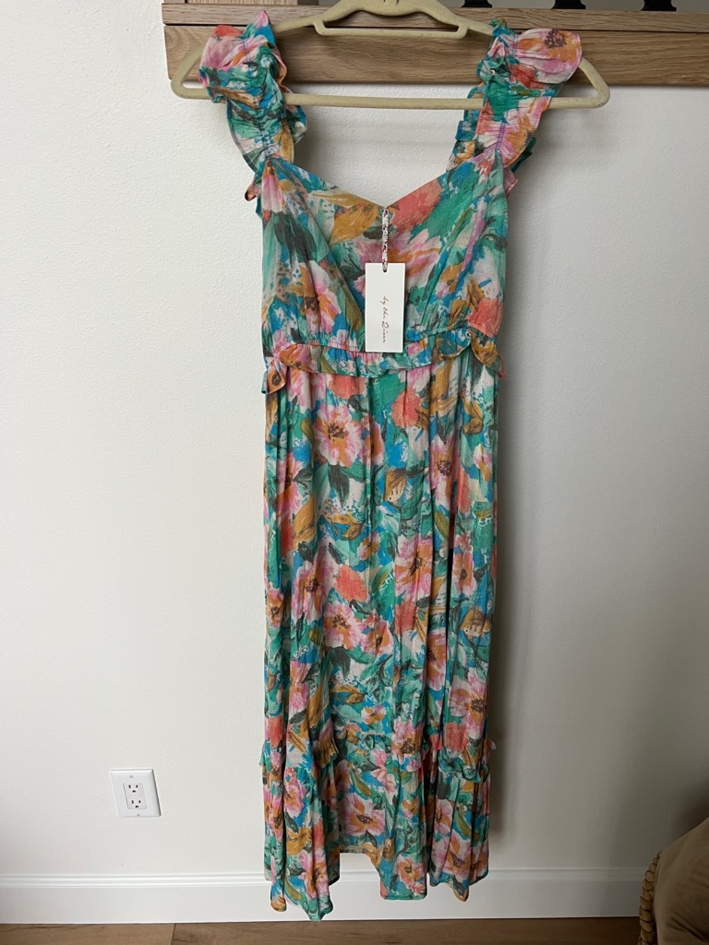 Floral Ruffle Strap Maxi Dress in Teal/Pink/Mustard from Charleston market, NWT
